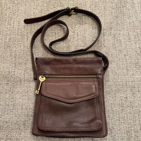 Fossil Handbags - Vintage Fossil 1954 Brown Pebbled Leather Crossbody Bag Adjustable Sling Purse